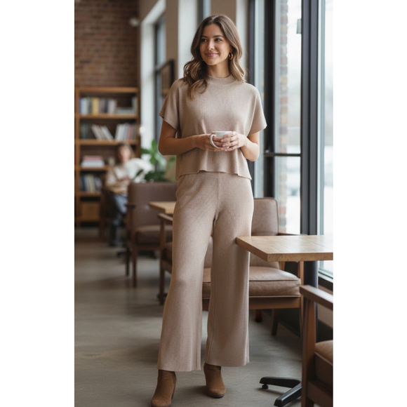 Zenana Ribbed 2pc wide leg set cream oversized fit small